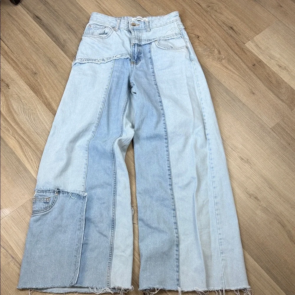 Pull & Bear Wide Leg Patchwork Jeans with‎ Frayed Hems. Size 2 - Picture 3 of 5